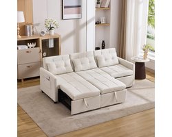 BLACKCOLORS Moderne 3-zits slaapbank met slaapfunctie, geschikt voor de woonkamer en slaapkamer, rugleuning verstelbaar tot 180°, hoekbank en L-bank, opvouwbare bank met opbergruimte en zijvakken, beige