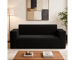 BLACKCOLORS Moderne bank in corduroy, comfortabele 2-zitsbank met diepe zitting, bank voor woonkamer/appartement/kantoor/huis, zonder poten/zonder montage/gemakkelijk te vervoeren (zwart)