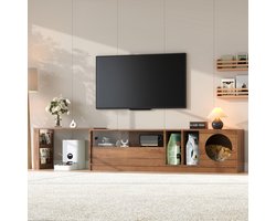 BLACKCOLORS Moderne draaibare tv-kast – veelzijdig en uitbreidbaar, geschikt voor huisdieren, met staal versterkte glazen deuren, rustruimte voor katten (zonder kattenkussen), kleur walnoot, 180(+80)×40×50 cm