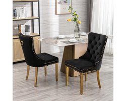 BLACKCOLORS Moderne eetkamerstoel van hoogwaardig fluweel met gouden roestvrijstalen poten en spijkerstof, set van 2, zwart en goud, DE1601BK