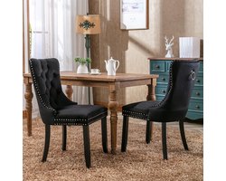 BLACKCOLORS Moderne eetkamerstoel van hoogwaardig fluweel met knopen, houten poten en spijkerstof, set van 2, zwart, DE2001BK