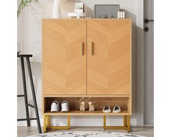 BLACKCOLORS Moderne en minimalistische schoenenkast, unieke houtnerf, goudkleurig ijzeren frame, opbergkast met twee deuren, smalle schoenenkast, schoenenrek, gang