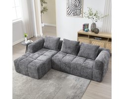 BLACKCOLORS Moderne hoekbank, L-bank, 3-zitsbank, geen installatie nodig, chenille bank met chaise longue en armleuningen, 3 kussens, zijvak voor afstandsbediening, grijs