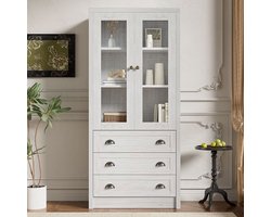 BLACKCOLORS Moderne hoge kast 80x34x171 cm – houtlook met glazen deuren, 3 lades en koperen handgrepen – elegante opbergruimte voor de woonkamer, het kantoor en de hal