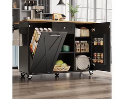 BLACKCOLORS - Moderne Keukeneiland - Buffetkast met Afvalbakken - Multifunctionele Eettafel met Opbergruimte - Keukentrolley met Snackrekken en Uitschuifbare Kastjes - Zwart