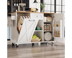 BLACKCOLORS - Moderne Keukeneiland - Buffetkast met Afvalbakken - Multifunctionele Eettafel met Opbergruimte - Serveerwagen met Snackplanken en Uitschuifbare Kastjes - Wit