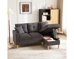 BLACKCOLORS Moderne L-vormige bank, 3-zitsbank met chaise longue, opbergruimte, geïntegreerde bekerhouder, geleverd met 2 kussens, geschikt voor in de woonkamer, op kantoor, in een appartement, enz., video beschikbaar