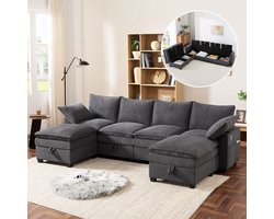 BLACKCOLORS - Moderne L-vormige Bank met Corduroy Bekleding - Afneembare Voetensteun - USB-poorten, Opbergvakken en Bekerhouders - Modulaire Bank voor Woonkamer en Appartement - Grijs