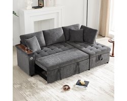 BLACKCOLORS Moderne L-vormige bank met slaapbank, opbergruimte, USB-oplader, armleuningtafel en 2 kussens, geschikt voor de woonkamer, enz., grijs.