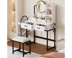 BLACKCOLORS Moderne make-uptafel met ledverlichting, draaibare spiegel en stopcontacten – incl. kruk en zwarte metalen poten – 2 lades + 2 open opbergvakken, wit, afmetingen: 80 × 138,5 × 40 cm (B×H×D)