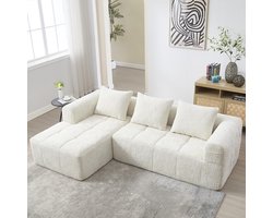 BLACKCOLORS Moderne modulaire bank, L-bank, 3-zitsbank, geen installatie nodig, chenille bank met chaise longue en armleuningen, 3 kussens, zijvak voor afstandsbediening, beige