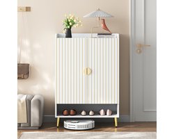 BLACKCOLORS Moderne schoenenkast met twee deuren, halmeubel, opbergmeubel, schoenenkast, schoenenkast van MDF, schoenenkast met 3 niveaus, wit, open onderste lade, 75*35*105 cm, draagvermogen 20 kg