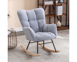 BLACKCOLORS Moderne schommelstoel Mid Century van teddy-stof met getufte bekleding, gestoffeerde zitting voor de woonkamer en slaapkamer, lichtgrijs
