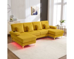 BLACKCOLORS Moderne U-vormige bank met sfeerverlichting en USB-C-poort. Massief houten frame, 4 luxe kussens en ergonomische rugleuning van topkwaliteit voor maximaal comfort, geel