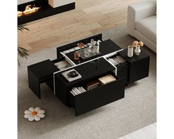 BLACKCOLORS Moderne vierkante salontafel in zwart, salontafel in patchworkkleuren met glanzende afwerking, 100 x 60 x 40 cm – Salontafel met vier lades, uitschuifbaar blad, draagvermogen tot 30 kg