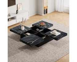 BLACKCOLORS Moderne vierkante zwarte salontafel met marmerlook, 90 x 90 x 25 cm – Vier lades, uitschuifbaar blad, maximale belasting 30 kg
