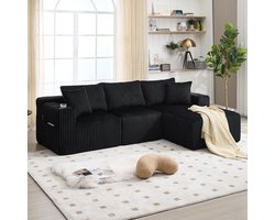 BLACKCOLORS Modulaire bankenset met chaise longue en 2-zitsbank, bekleding van zacht corduroy, met 5 kussens, zijvakken en bekerhouders, schuim met hoge dichtheid, DIY-combinatie, ideaal voor de woonkamer, het appartement en de studio.