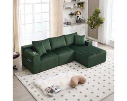 BLACKCOLORS Modulaire bankenset met chaise longue en 2-zitsbank, bekleding van zacht corduroy, met 5 kussens, zijvakken en bekerhouders, schuim met hoge dichtheid, DIY-combinatie, ideaal voor de woonkamer, het appartement en de studio.