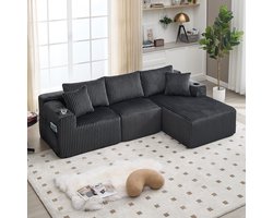 BLACKCOLORS Modulaire bankenset met chaise longue en 2-zitsbank, bekleding van zacht corduroy, met 5 kussens, zijvakken en bekerhouders, schuim met hoge dichtheid, DIY-combinatie, ideaal voor de woonkamer, het appartement en de studio.