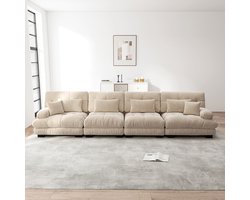 BLACKCOLORS Modulaire hoekbank met 4 zitplaatsen en diepe zitting, comfortabel gestoffeerde slaapbank van chenille voor woonkamer, appartement, studio, kantoor, lichtbruine chenille