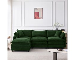 BLACKCOLORS Modulaire hoekbank van premium chenille – 3-zitsbank met chaise longue & poef, comfortabele L-bank voor kleine woningen, woonkamer & lounge, ademend zitcomfort voor het hele gezin