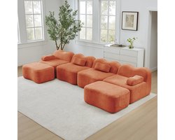 BLACKCOLORS Modulaire U-vormige 4-zitsbank Boneless met 2 chaise longues, golvende vorm, schuim met hoge dichtheid 32D, verplaatsbaar armleuningkussen, zachte stof, voor de woonkamer, oranje