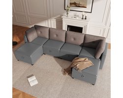 BLACKCOLORS Modulaire U-vormige bank met 6 modules en opbergruimte – Multifunctionele hoekbank voor de woonkamer, om te vormen tot L-vormige bank/ligbed/losse fauteuil, fluweel + ribfluweel in contrasterend design, schuim met hoge dichtheid