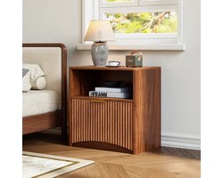 BLACKCOLORS Notch bedside table met open lade en gouden handgrepen, ruimtebesparend, geschikt voor slaapkamer en woonkamer, notenhoutlook