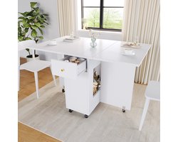 BLACKCOLORS Opklapbare eettafel (120 x 75 x 75 cm), mobiel keukenwerkblad, voor 2-4 personen, met open opbergruimte, 2 lades, rembare wieltjes, ideaal voor keuken, woonkamer, eetkamer, wit