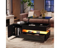 BLACKCOLORS Opklapbare salontafel 95*50*34,5 cm, salontafel, bijzettafel, salontafel met 1 lade, 1 kast, salontafel met LED-verlichting, glanzende salontafel met verborgen opbergruimte, met halfopen opbergruimte, zwart
