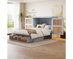 BLACKCOLORS - Opklapbed - Afmetingen: 140 x 200 cm - Wandbed - Met lattenbodem - Opklapbaar wandbed - Verticaal opklapbed - Met lattenbodem - Met opberglades - Rotan design - Houten bed - Voor tieners - Eenpersoonsbed - Grijs