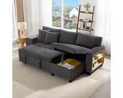 BLACKCOLORS - Opvouwbare Bank met Slaapfunctie - Verstelbare L-Hoekbank - USB-Oplaadpoort - Met Kussens - 3-Zits met Zijplanken - Opbergruimte