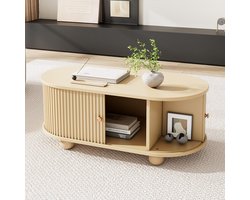 BLACKCOLORS Ovaal salontafel met opbergruimte en schuifdeuren, multifunctioneel meubel dat weinig ruimte inneemt, houtkleur