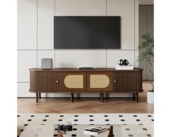 BLACKCOLORS Ovaal tv-meubel 180*40*40 cm in donker notenhout, rotan design, twee deuren, twee schuifdeuren, tv-meubel, laag meubel, woonkamermeubel, MDF, geschikt voor tv's tot 80 inch