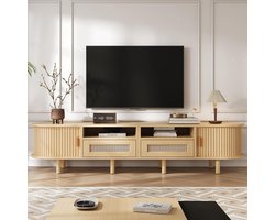BLACKCOLORS - Ovaal tv-meubel en tv-tafel - 170x40x40 cm (LxBxH) - Met 2 designladen van rotan - 2 schuifdeuren - Laag meubel voor tv's tot 70 inch - Tv-kast en tv-kommode - Houtkleurige afwerking