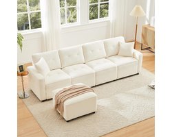 BLACKCOLORS Rechte 4-zitsbank van corduroy met opbergruimte onder de zittingen, inclusief een vrij te plaatsen poef. Kleur: beige, afmetingen: L 280 x D 146 x H 85 cm.