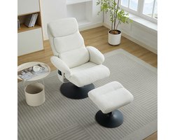 BLACKCOLORS Relaxfauteuil met kantelfunctie en 5-punts massage, tv-fauteuil met elektrische verwarming en voetsteun, 360° draaibaar, wit chenille