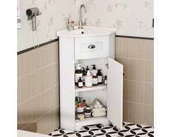 BLACKCOLORS Ruimtebesparend badkamermeubel, staand model met enkele wastafel, waterbestendige MDF-behuizing, keramische wastafel, metalen handgreep, melamine oppervlak zonder lak, opbergmeubel voor de badkamer, wit.