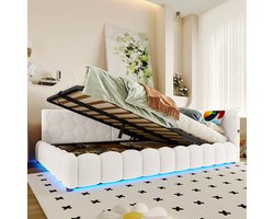 BLACKCOLORS - Rustbed - 140*200 cm - Slaapbank - Met lattenbodem (zonder matras) - Met LED-lichtstrip - Met hydraulisch hefmechanisme - Met USB-aansluiting Type C - Comfortabel materiaal - Imitatie fleece - Wit
