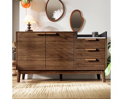 BLACKCOLORS Saloncommode in eikenhouten decor met marmerlook blad - open plank + 3 laden en kast met dubbele deuren (in hoogte verstelbaar binnenin) - massief houten poten en geschikt voor robotstofzuigers, H77/L120/P40 cm