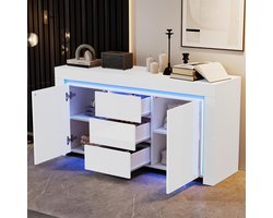BLACKCOLORS - Salonmeubel - 140x40x65 cm - Moderne ladekast - 3 lades - 2 deuren - Glanzend bijzettafeltje - LED-lichtstrip - Dressoir met opbergruimte - Voor gang, salon, kantoor - Wit