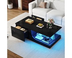 BLACKCOLORS Salontafel 100*50*30 cm, salontafel met 2 lades, glanzende bijzettafel voor de woonkamer, salontafel van MDF, salontafel met LED, tafelblad van gehard glas, zwarte designtafel