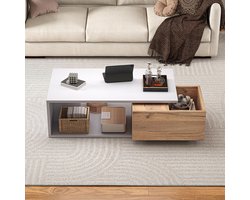 BLACKCOLORS Salontafel 90*50*30 cm, 360° draaibare lade, salontafel met 1 lade, glanzende salontafel met open opbergruimte, salontafel, bijzettafel, wit + houtkleur