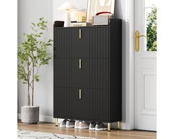 BLACKCOLORS Schoenenkast met 3 deuren, smalle schoenenplank, met 6 vakken, schoenenkast, verstelbaar, anti-kantelbeveiliging voor ingang, 80*23,5*123,5 cm, zwart