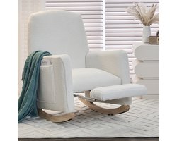 BLACKCOLORS Schommelstoel met voetensteun, relaxfauteuil met voetenbank, schommelstoel voor binnen met hoge rugleuning voor de woonkamer, witte Teddy-stof