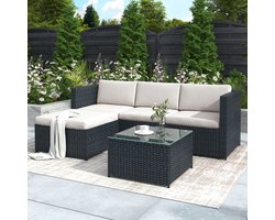 BLACKCOLORS Set loungesofa's van polyrotan, loungemeubelen voor in de tuin, hoekbank, set sofa's met zit- en rugkussens, loungetafel met glazen blad, zwart