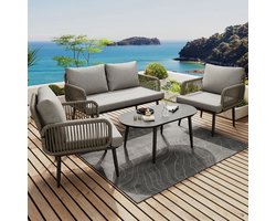 BLACKCOLORS Set tuinligstoelen, set tuinmeubelen met comfortabele kussens, 2-zitsbank, 2 fauteuils en salontafel, handgeweven touw, tafelblad in houtstijl, gegalvaniseerd staal, grijs