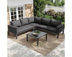 BLACKCOLORS Set tuinmeubelen (4-5 zitplaatsen), 1 salontafel van gehard glas, frame van gegalvaniseerd ijzer, comfortabele tuinmeubelen, zitkussens en grijze kussens, met verstelbare poten Set tuinmeubelen