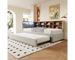 BLACKCOLORS - Slaapbank 90x200 cm - Uitschuifbed 90x190 cm - Voorzien van LED-verlichting - Stopcontacten - Talrijke opbergvakken - Met flanellen bekleding - Eénpersoons - Lichtgrijs