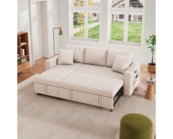 BLACKCOLORS - Slaapbank met Slaapfunctie - L-Vormige Bank - Met Chaise Longue en Opbergruimte - Opbergruimte voor Tassen - Chaise Longue Links/Rechts Verwisselbaar - Beige - Voor Woonkamer